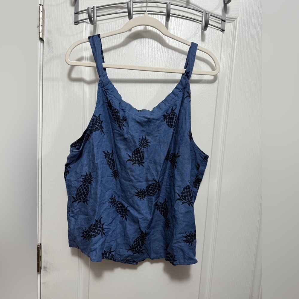 GAP Button Front Tank Top Linen Blend Women's XL Blue Pineapple Tropical Beach - Picture 2 of 15